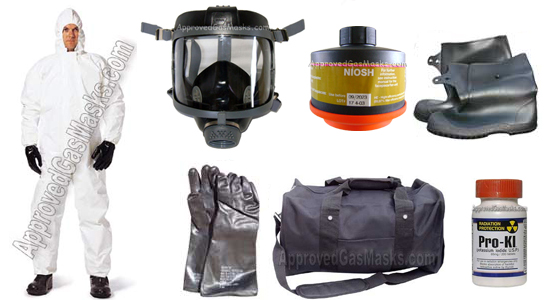 Kit includes an SGE400 gas mask, M95 NBC filter, mask bag, chemical suit, gloves, boots, mask bag, M8 chemical detection paper, potassium iodide, chemical detection paper, duffle bag and more!