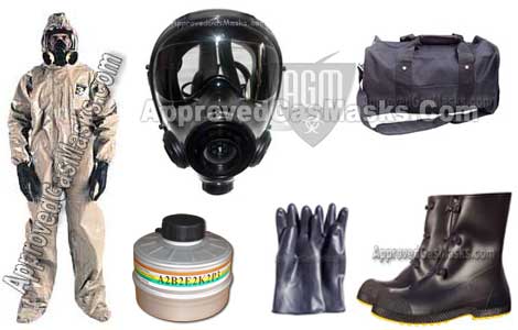 Kit includes an SGE400 gas mask, M95 NBC filter, mask bag, chemical suit, gloves, boots, mask bag, M8 chemical detection paper, potassium iodide, chemical detection paper, duffle bag and more!