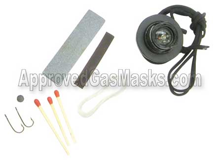 Kit includes fishing tackle, shapening stone, compass and matches