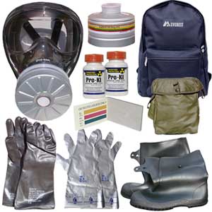 Kit includes an SGE400 gas mask, M95 NBC filter, mask bag, chemical suit, gloves, boots, mask bag, M8 chemical detection paper, potassium iodide, chemical detection paper, duffle bag and more!