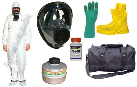 Kit includes an SGE 150 gas mask, New/Sealed NBC gas filter, lightweight chemical suit with hood, gloves, booties, mask bag, potassium iodide, duffle bag and more!
