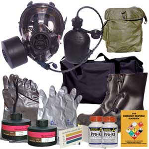 Kit includes an SGE400/3 Infinity gas mask, M95 NBC filter, mask bag, chemical suit, gloves, boots, mask bag, M8 chemical detection paper, potassium iodide, chemical detection paper, duffle bag and more!