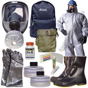 Kit includes North gas mask and filters, chemical suit, boots and gloves, two bags and more