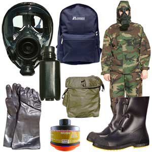 Kit includes an SGE 1000 gas mask, Drager filter, boots, suit, bag backpack canteen and more