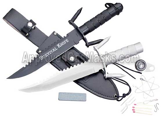 Survival and military assault knife with survival kit stored in the handle